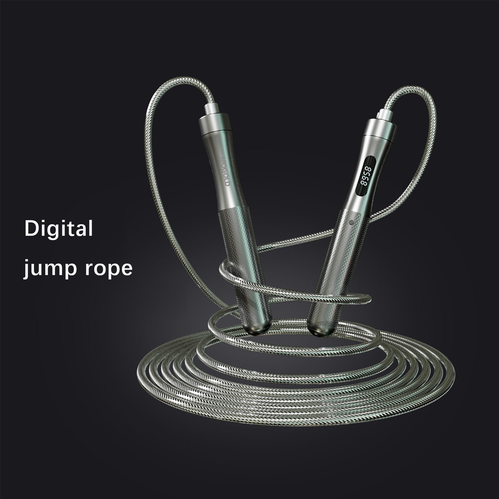 Cuerda de saltar con contador, mango de aleación de aluminio gris con cable de PVC | 118 pulgadas de longitud, carga rápida, diseño ergonómico, para entrenamiento cardiovascular (plata)