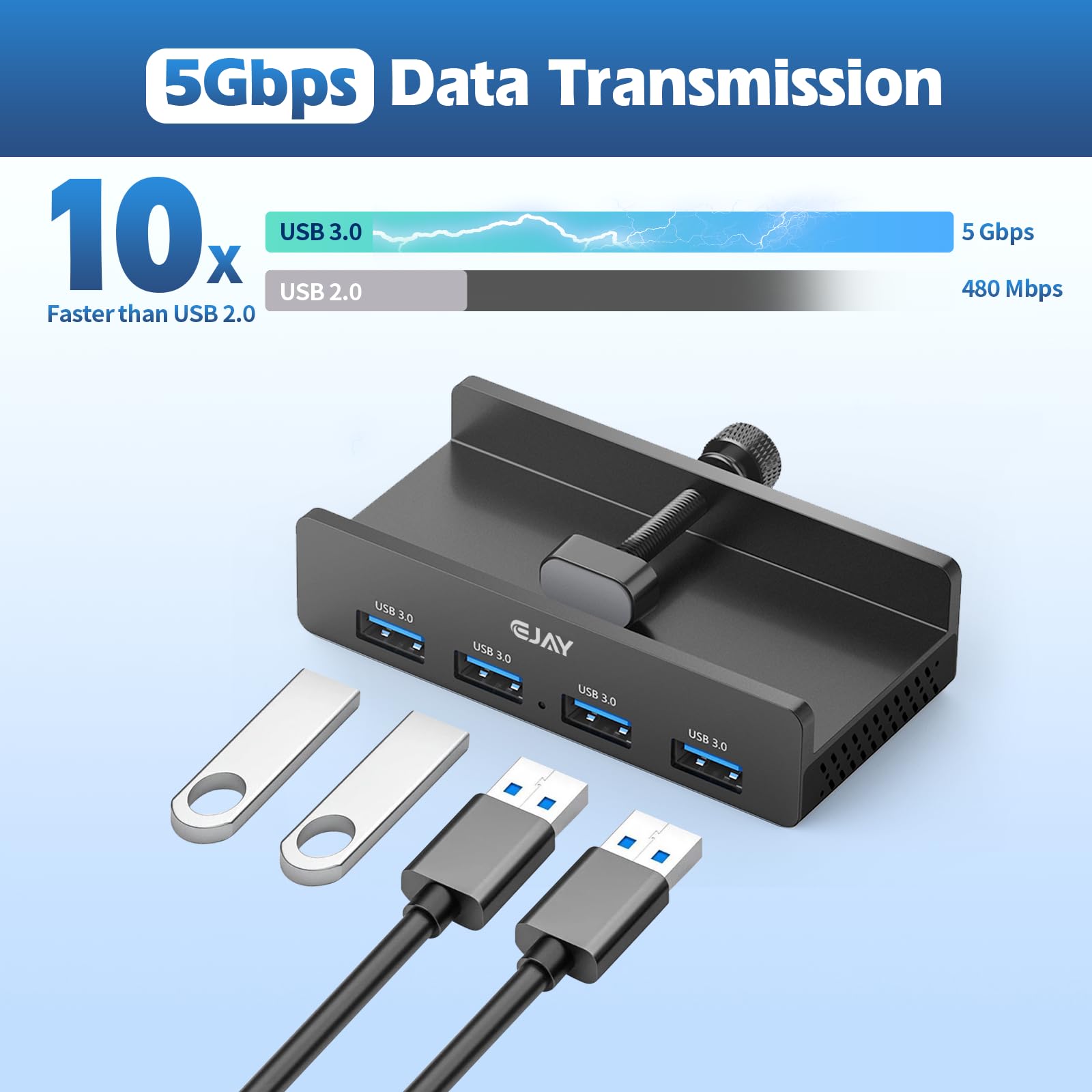 EJAY 4 puertos USB 3.0 HUB abrazadera de aluminio divisor USB 3.0 para escritorio/monitores con puerto de fuente de alimentación adicional, datos de 59 pulgadas y cables de alimentación de 39