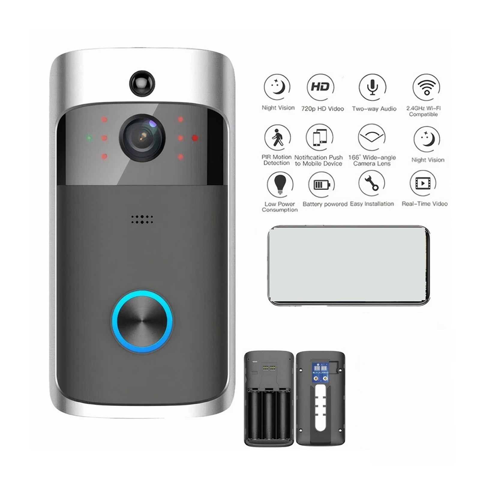 Videocitofono Wi-Fi HD Smart Home Wireless APP Campanello Telecamera di sicurezza Visione notturna IR Grandangolo(Sliver)