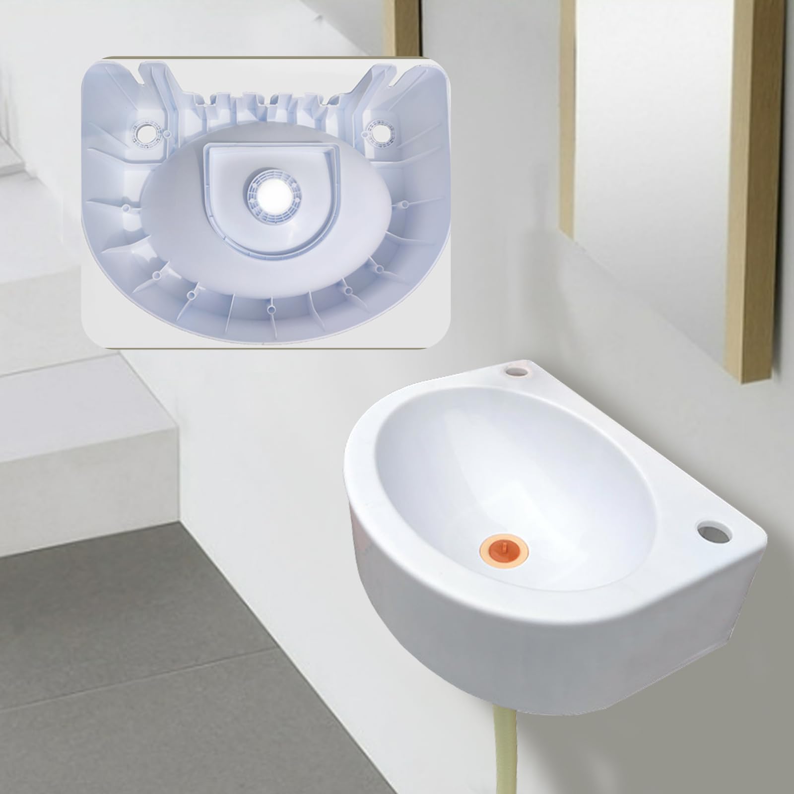 Lavello semicircolare, lavello di plastica con tubo di drenaggio, piccolo applicazione del lavello del bagno, uso interno ed esterno[Tubo di drenaggio della testa d'acciaio 75cm]