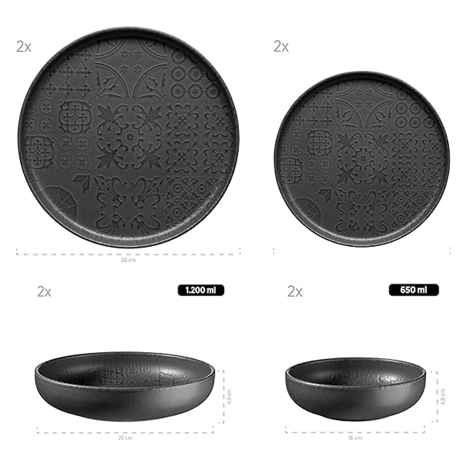 MÄSER Tiles 934064 Serie 934064 - Vajilla para 2 personas, diseño morisco con esmalte mate, 8 piezas con platos y cuencos de cerámica de alta calidad, gres, color negro