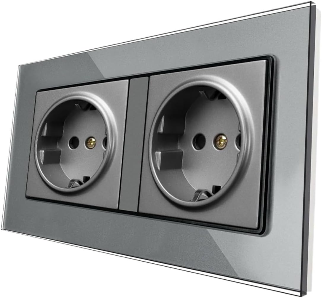 16A Wall Power Socket, AC 110V~250V Rectangular Socket,Gray Tempered Crystal Glass Panel, EU Standard Power Double Outlet(White)