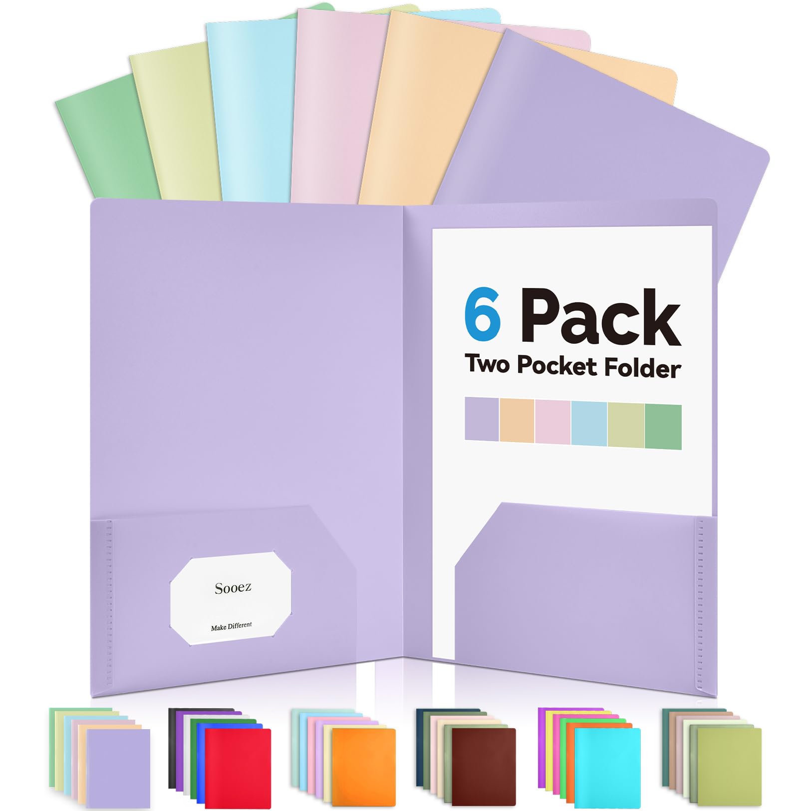 Sooez 6Pack Folders with Pockets, Pastels Colors, Heavy Duty Pocket Folder, Plastic Folders with Pockets, 2-Pocket Folder Bulk, Aesthetic File Folder, Back to School Office Filing Supplies