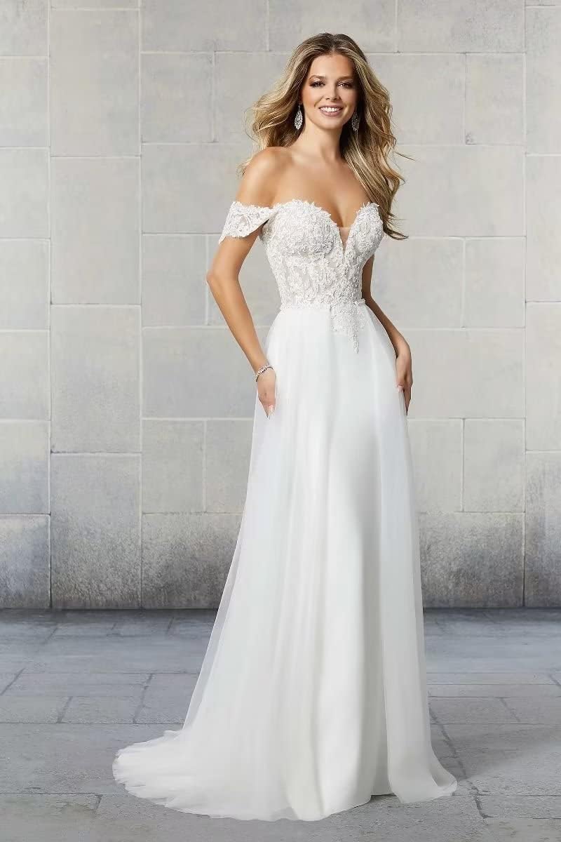 Abito da Sposa Abiti da Sposa Manica Lunga Scollatura a V Ufficio Civile Moda Sposa Abiti da Sposa, Avorio 03, 38