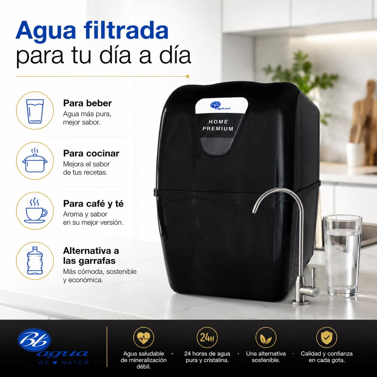Bbagua Home Premium. Equipo de Osmosis Inversa Compacta de 5 Etapas, doméstico con Bomba de presión. Fácil Instalación bajo encimera y cambio de Filtros