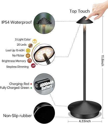 Miniatura 5 de Lámpara de mesa inalámbrica LED portátil, paquete de 2, batería recargable de 6000 mAh, lámpara de mesa para exteriores, para comedor, restaurante,