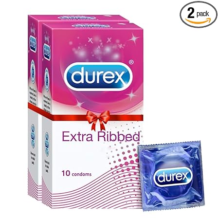 Durex Extra Ribbed Condoms for Men - 10 Count (Pack of 2) |Dotted and Dotted for Extra Stimulation|Suitable for use with lubes & toys