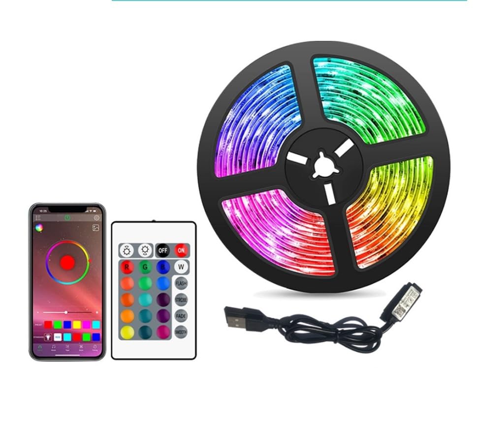 Volunx LED Strip Bluetooth APP Smart USB Powered RGB Lights 1-5m, DIY Indoor Decoration, Ideal for TV, Room, Home, Kitchen 24 Keys Infrared Remote RGB 5050 Light with 16 Colours (5m (16.40 Feet))