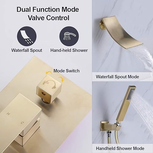 Miniatura 2 de DEOLER Grifo de bañera de montaje en pared con ducha de mano, oro cepillado de una sola manija, relleno de bañera de cascada de latón macizo, juego