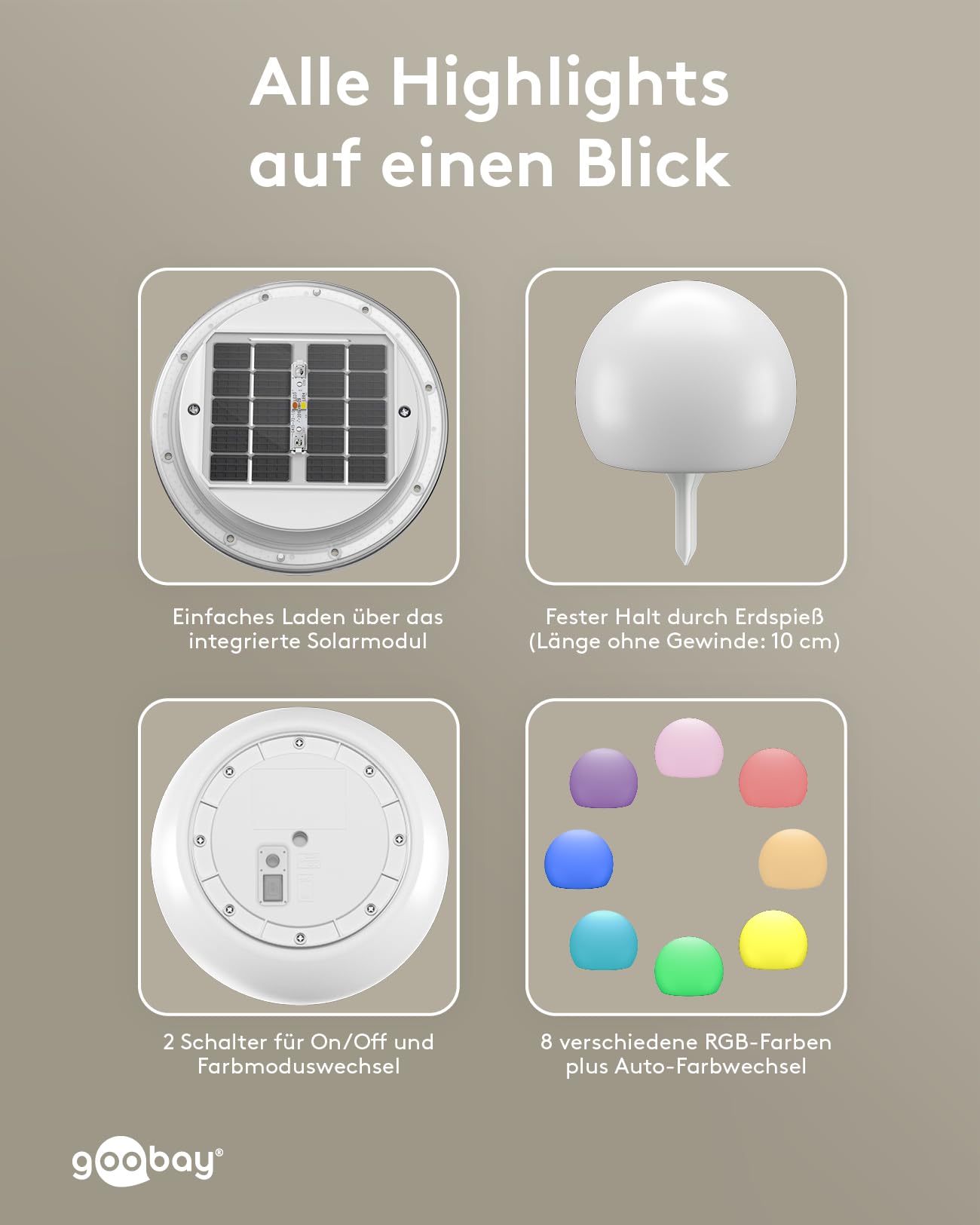 goobay LED Solarkugel 2er Set 20 cm - RGB Leuchtkugel für Außen, Winterfest IP44, Wetterfest | Solarleuchte, Deko Lampe für Terrasse, Balkon, Garten | Stimmungslicht mit 10 Leuchtmodi und Erdspieß