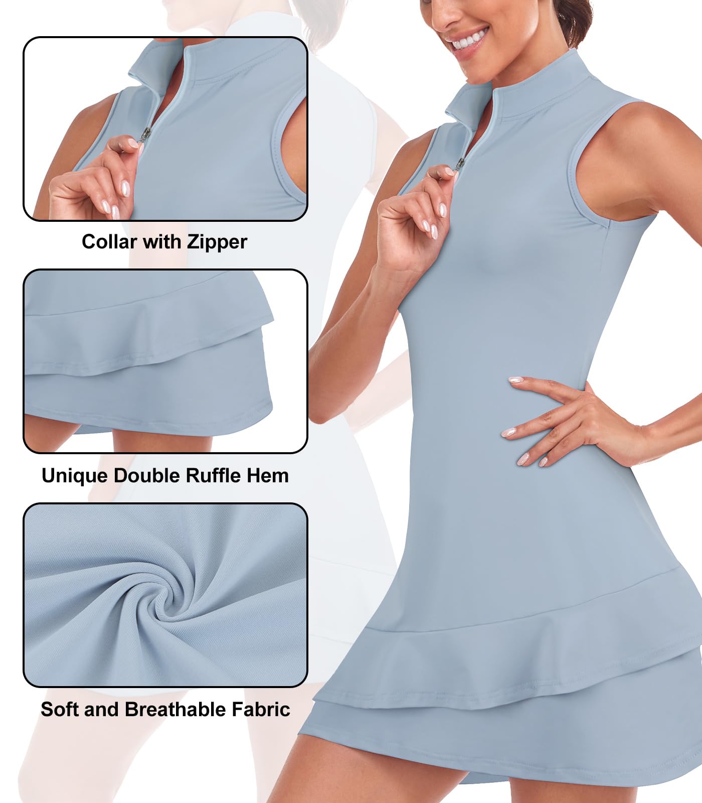 Viracy Vestido de Tenis para Mujer, sin Mangas, con Pantalones Cortos y Bolsillos, Volantes, Cremallera, Cuello Alto, Trajes de Golf, Azul neblina Liso, M