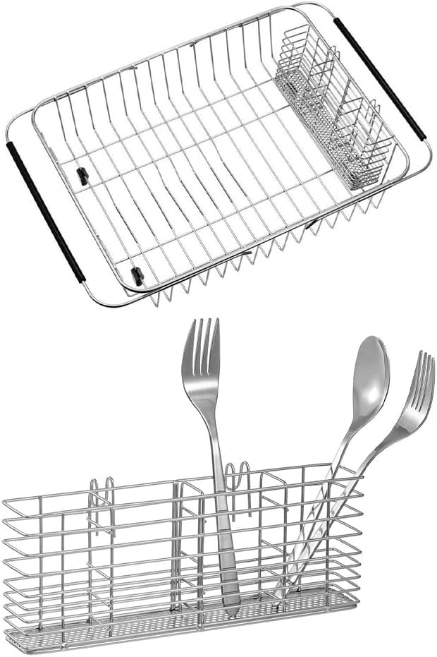 SANNO Dish Drying Rack with Stainless Steel Utensil Holder Large Dish Rack Drainer Stainless Steel Utensil Silverware Holder Organizer