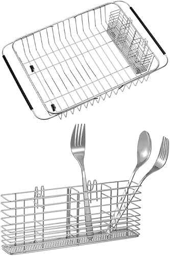 SANNO Escurridor de platos con soporte de utensilios de acero inoxidable, escurridor grande de acero inoxidable, organizador de cubiertos