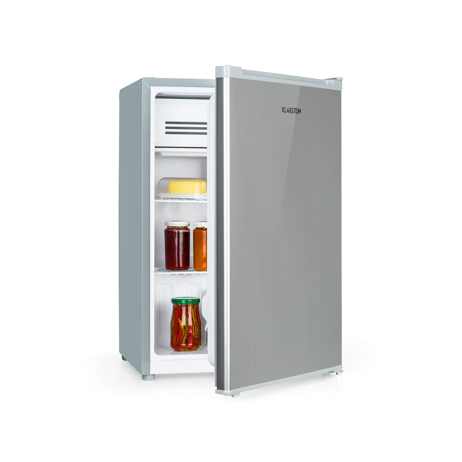 Klarstein Delaware Kühlschrank, 76 Liter Fassungsvermögen, 2 flexible Glasböden, Gefrierfach: 4 Liter, Flaschenfach bis 2 Silber/Grau