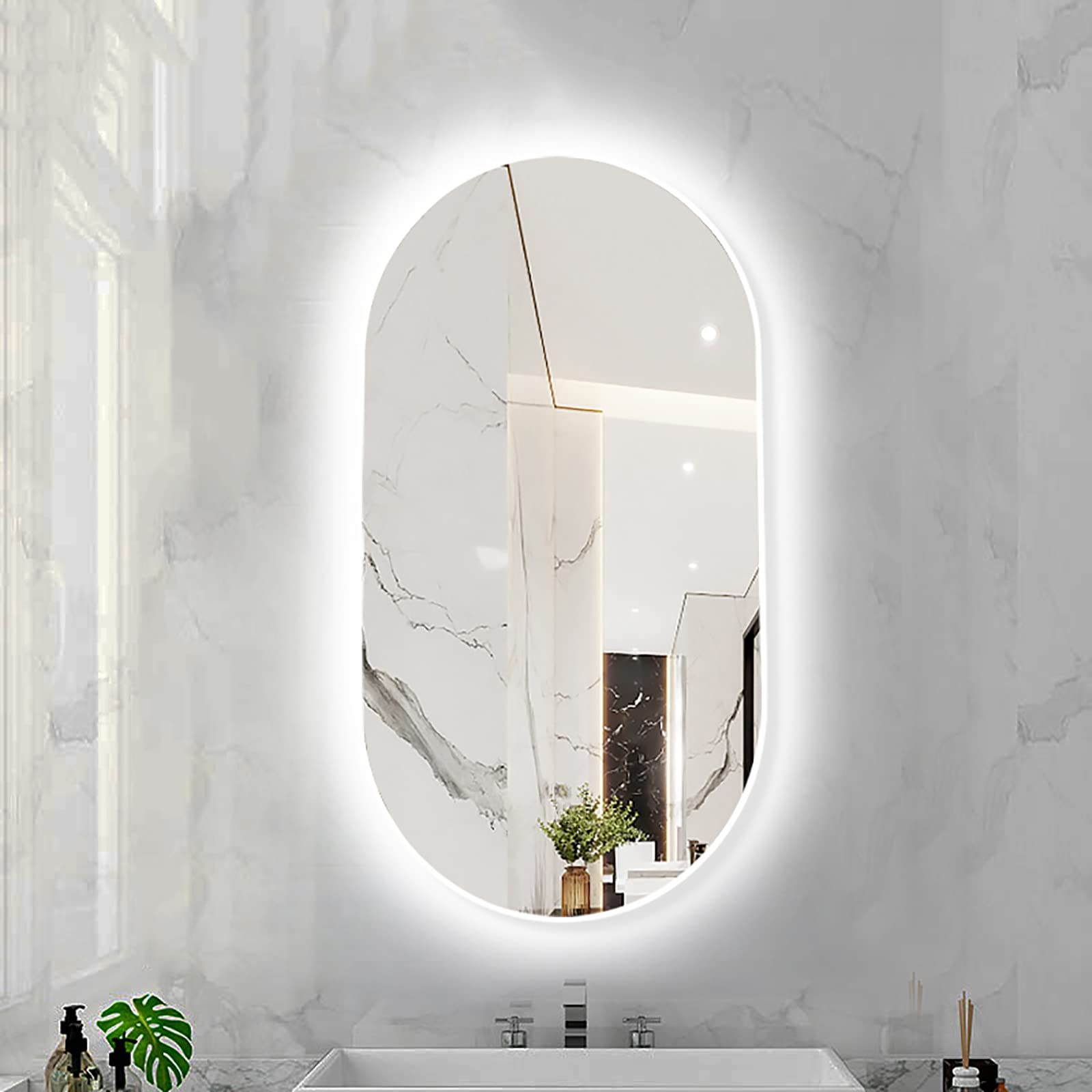 FGXHHS LED Oval with Metal Frame, Backlit Illuminated Lighted Wall Hanging Vanity for Bedroom Entryway (Color : White Frame - Light, Size 40X80CM)