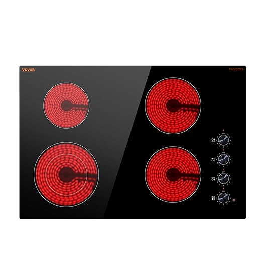 VEVOR Electric Cooktop, 30 inch 4 Burners Built-in Electric Stove Top, 7200W Ceramic Top Radiant Cooktop, with Glass Panel, Knob Control, 11 Heat Levels, 220-240V, Hard Wire (No Plug)