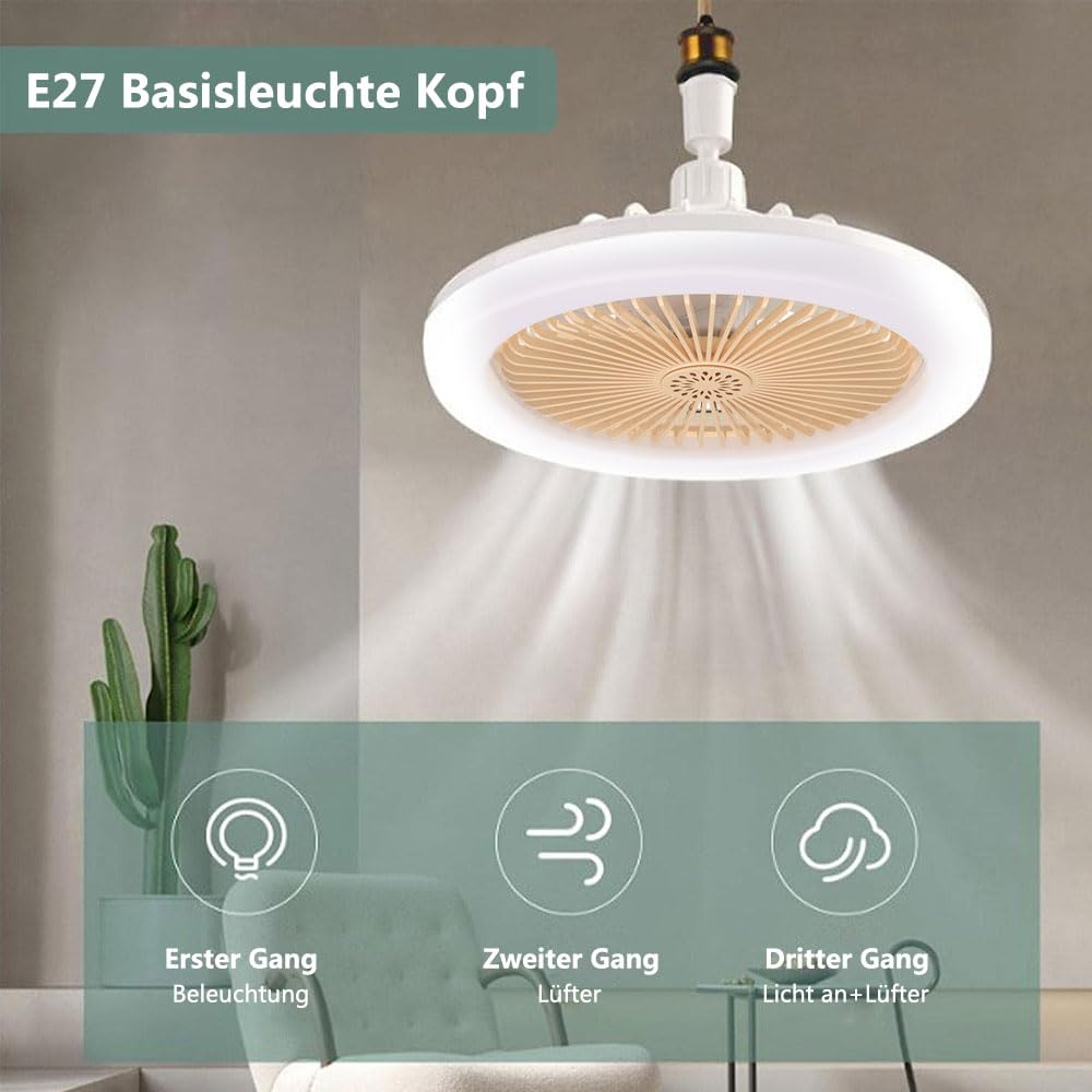 Anyingkai Bombilla Ventilador,Lampara Ventilador Techo,E27 Ventilador de Techo con Luz,Ventilador Lampara Techo,Ventiladores de Techo con Luz (Amarillo, 25cm)