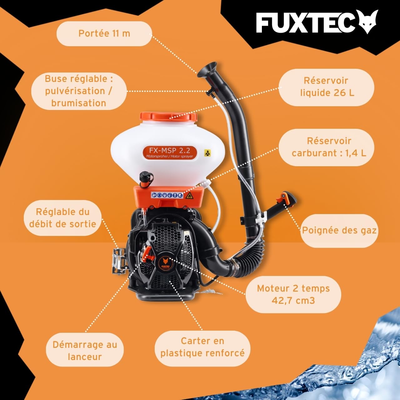 Pulvérisateur pression à dos thermique FUXTEC FX-MSP2.2 - Sac à dos essence 41,5 cm3, pulvérisation poudre ou liquide pour fertilisation, lutte contre les parasites, épandage de sel