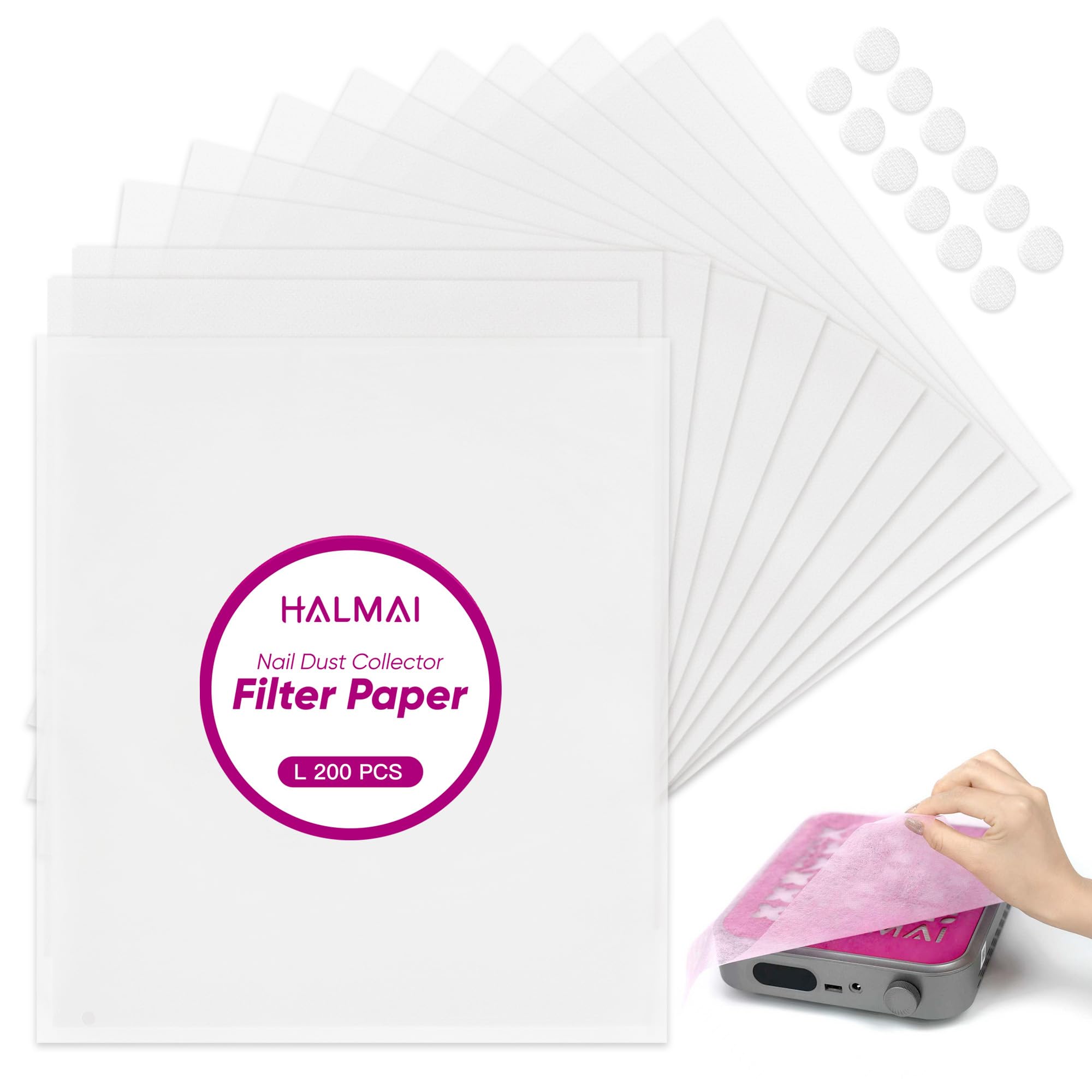 HALMAI 200 Fogli Carta Filtro Aspirapolvere per Unghie, Filtri di Polvere Monouso per la Maggior Parte delle Macchine, Aspirazione per Salon Unghie, Spa, Tecnico - Accessori (Bianco-L)