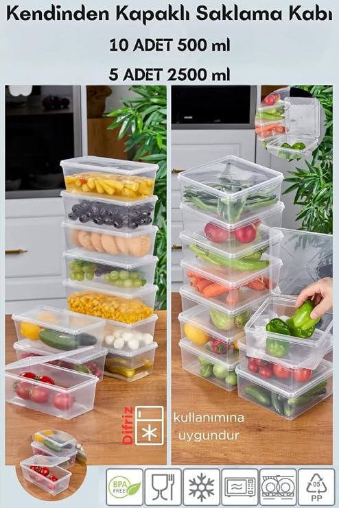 Arel - 15'li Set Saklama Kabı, 10 Adet 500ml Mini Boy Dikdörtgen ve 5 Adet 2500ml Kare Şeffaf Kendinden Kapaklı Saklama Kabı, BPA İçermez, Buzdolabı, Dondurucu ve Dolap Organizeri