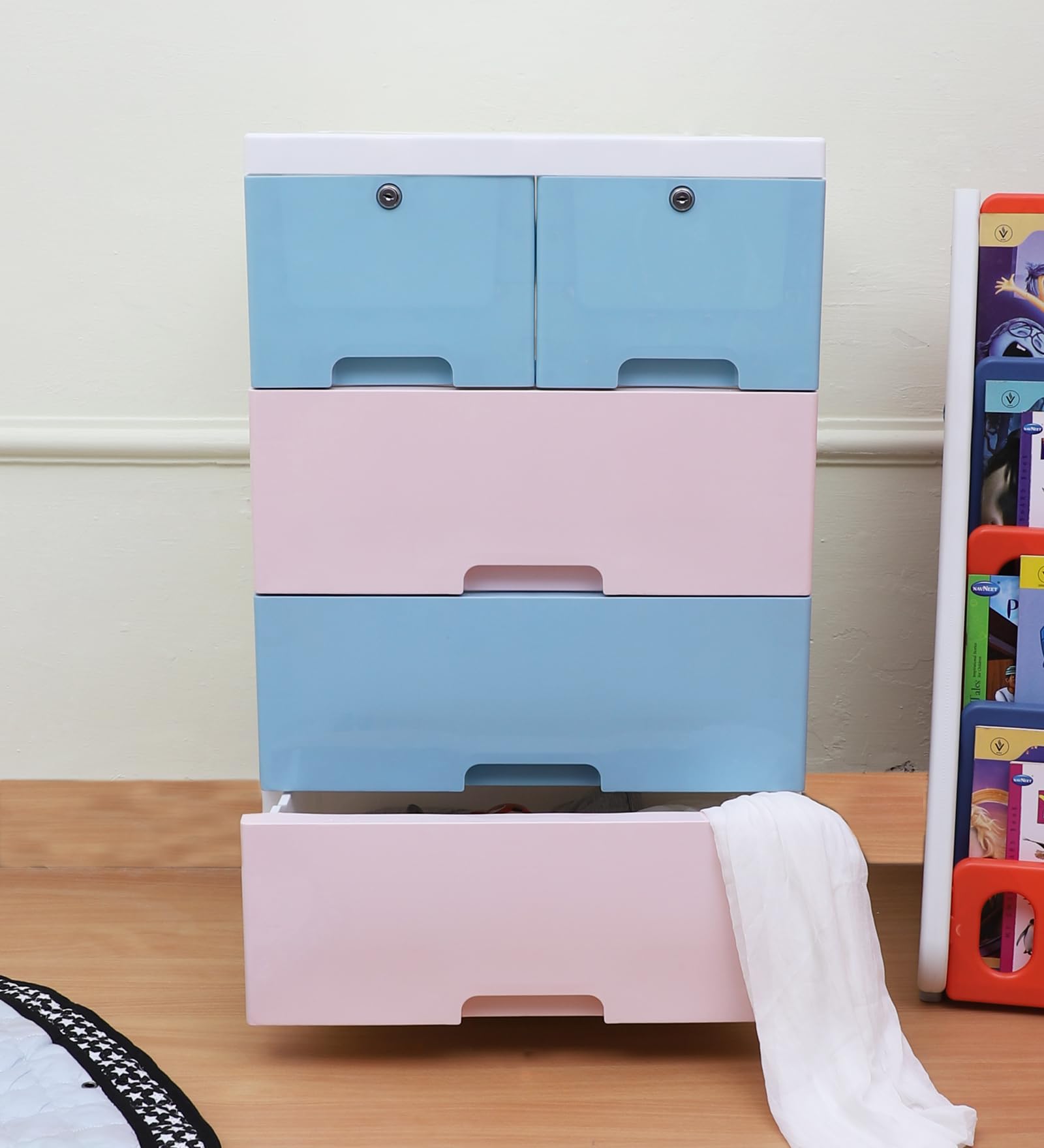 The Tickle Toe 5-Drawer Plastic Chest for Kids | Pink & Blue Organizer Cabinet with Locks | Portable Storage for Clothes & Toys | 51L x 33W x 82H cm