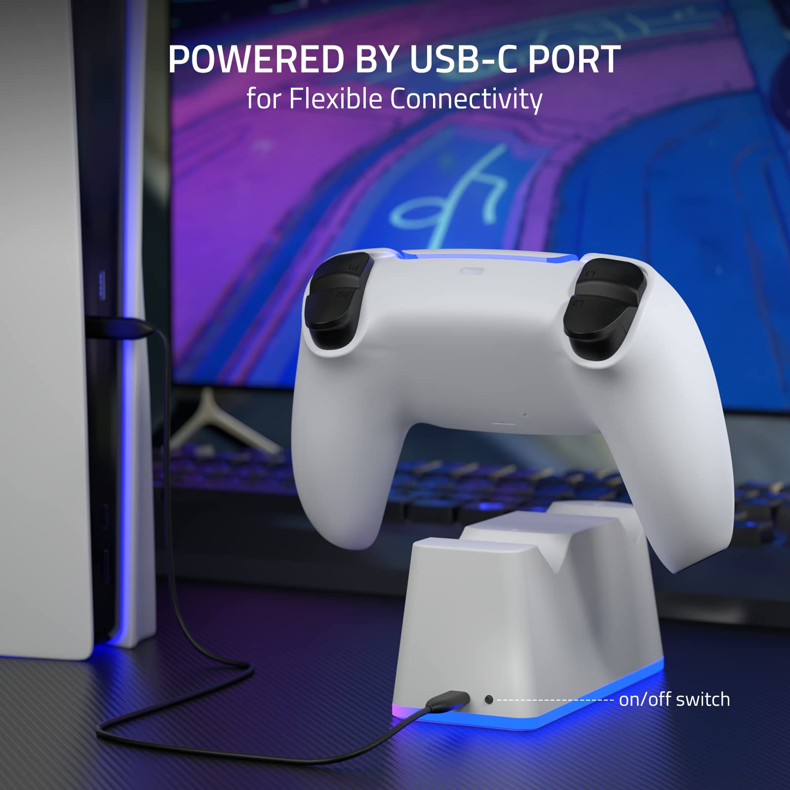 Charger Station for PS5 Controller with Adjustable Light, Fast Charge for Dual PS5 Controller, Upgrade Click in Design with LED Icon Indicator, Safe Charging for Playstation 5 Dualsense Controller