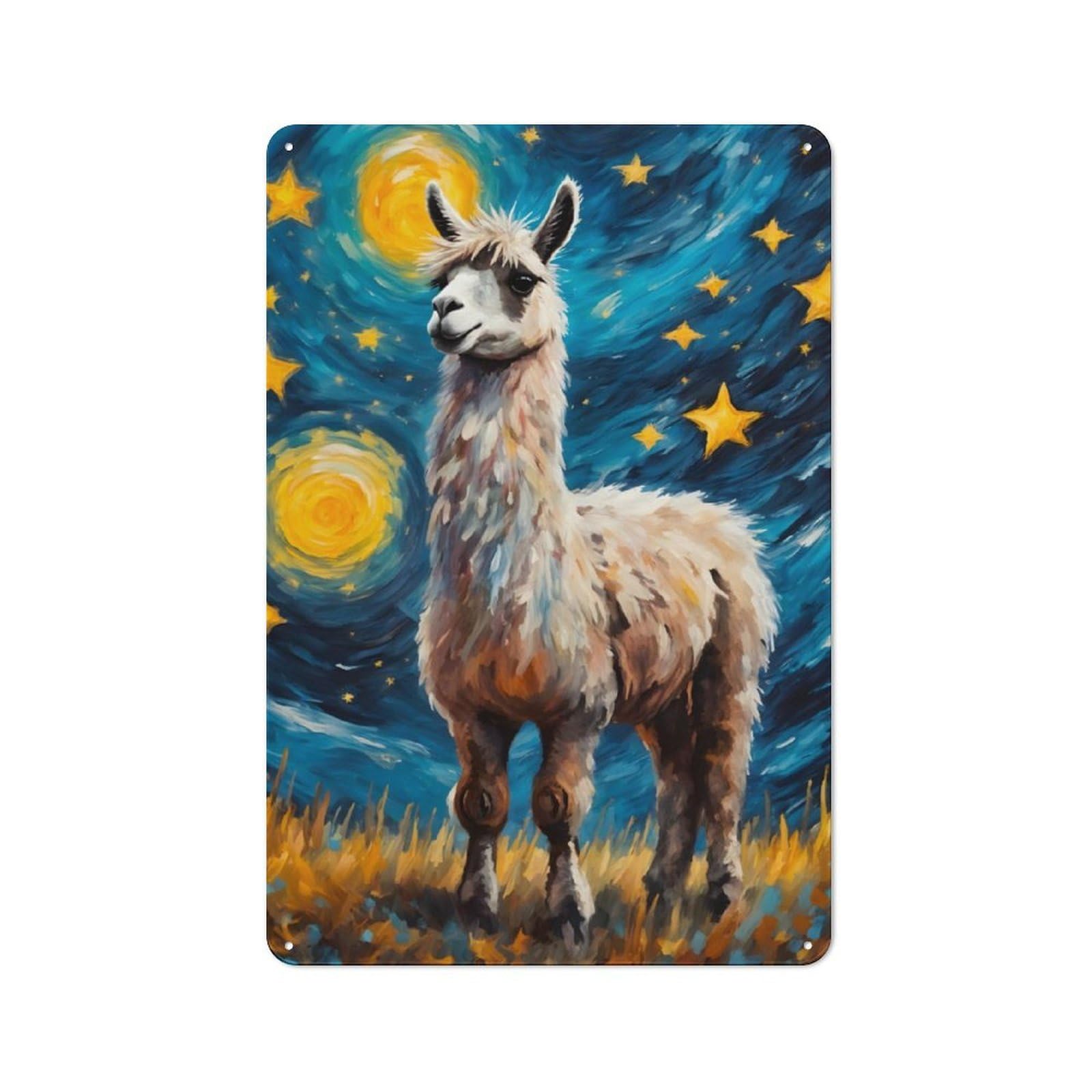 Nostalgic Llama Painting Starry Night Decorative Tin Sign 30x20cm, Vintage Wall Decor for Lounge, Study, Pub Or Wall Gallery
