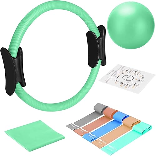 TOPZGLEEY Juego de anillos de pilates Círculo mágico antideformación de 14 pulgadas con asas acolchadas, mini bola, 5 bandas de resistencia, guía,