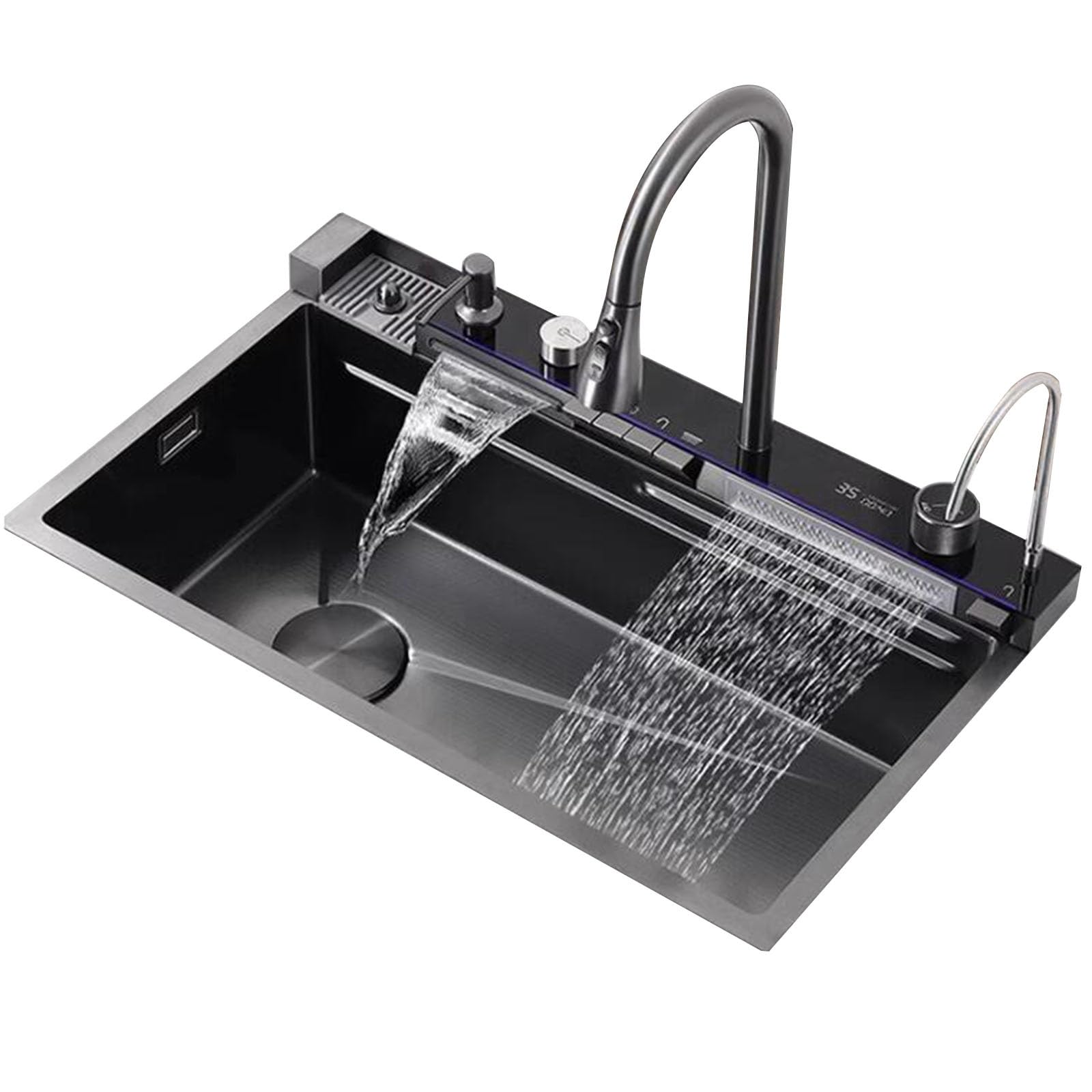 ZQFHSX Single Bowl Multifunctional Siphon Sink With Pull-out Faucet Kitchen Dishwashing Water Pool Stainless Steel Waterfall Digital Countertop Built-in (Color : Black steel, Size 75 * 46 * 22cm)