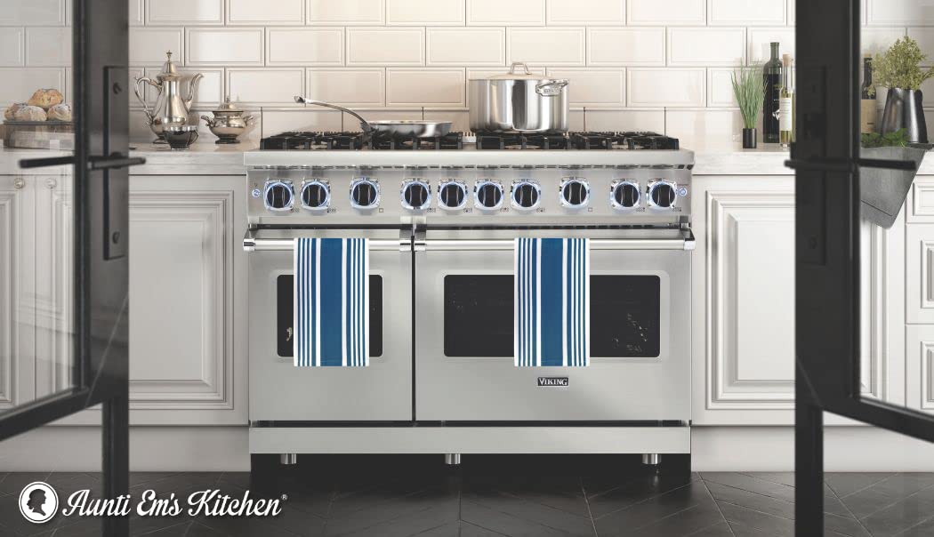 Aunti Em's Kitchen Designer Hand and Kitchen Dish Towels Woven from 100% Responsibly-Farmed, Thick, Luxurious Cotton, Oversized 20 x 30 inches, One Half Dozen, Marine Stripe