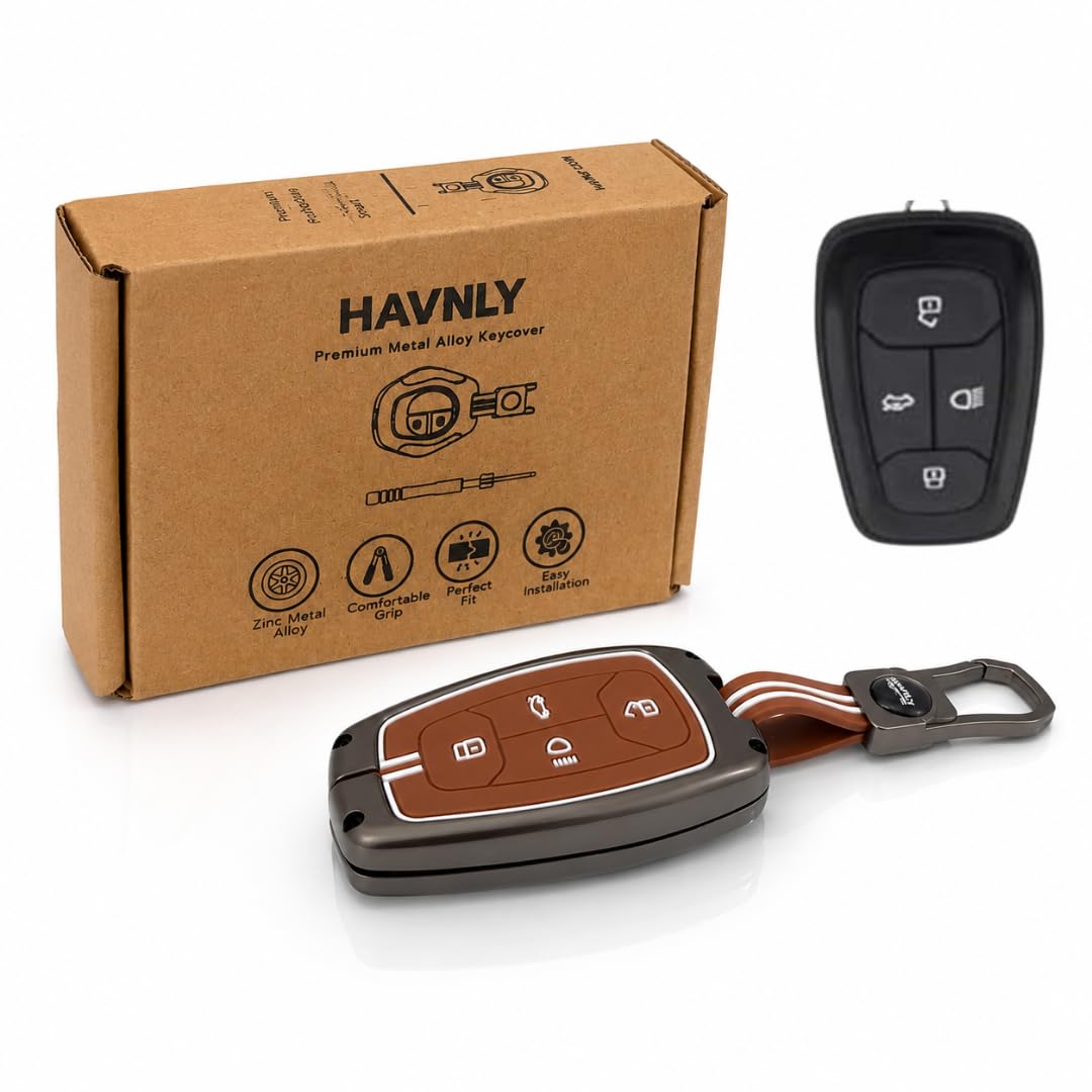 HAVNLY Premium Metal Alloy Key Cover for Tata Nexon | Harrier | Safari | Altroz | Tigor | EV | Punch | Tiago EV Electric 4 Button Smart Key Only | Brown