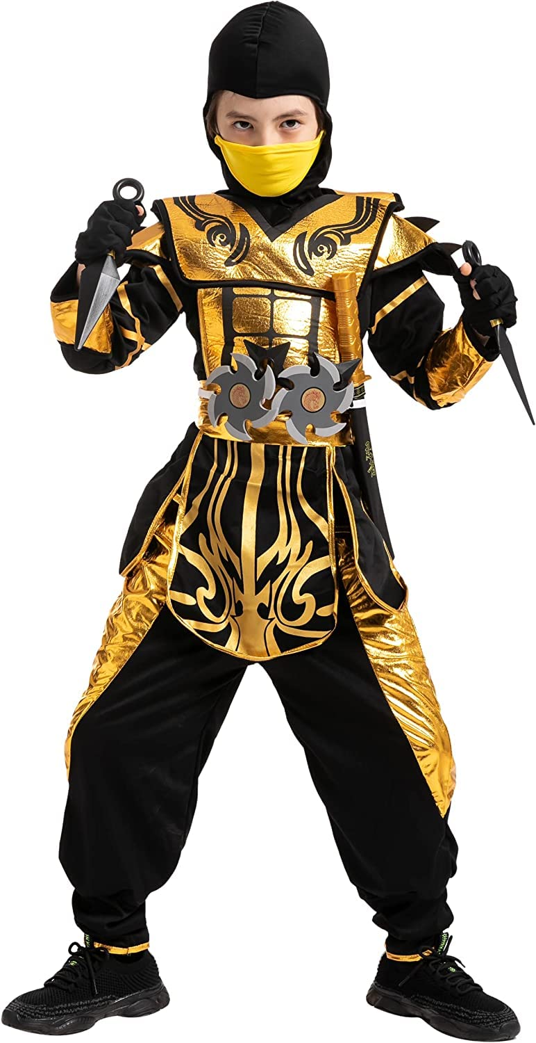Spooktacular Creations Costume da ninja d'oro per feste a tema ninja per bambini Costume di Halloween da ninja gioco di ruolo Festa di Natale