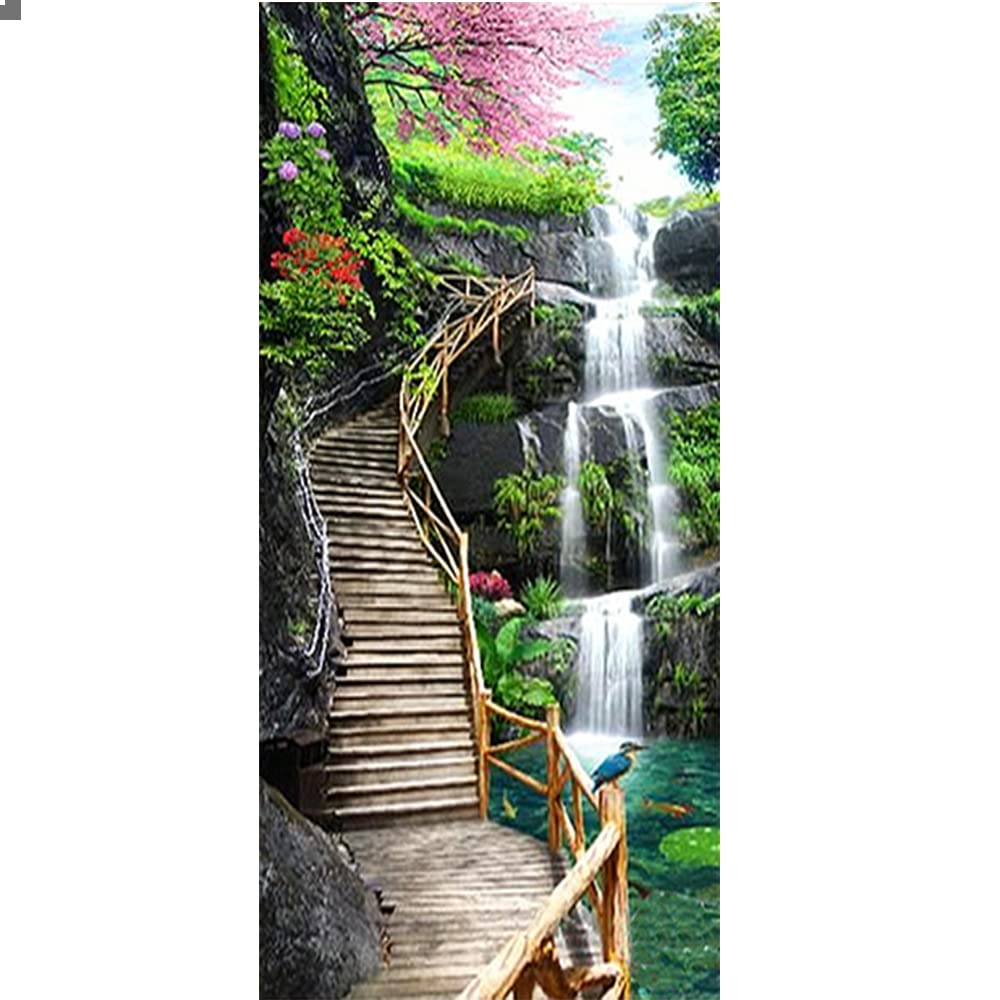Pintura Diamantes Grande Paisaje Cascada 50x110 cm (interior 44x104 cm) kit Diamantes Paisaje Cascada Escaleras Pintura por Números Punto de Diamante Paisajes Kit de Bordado Pared Crystal Art Decor