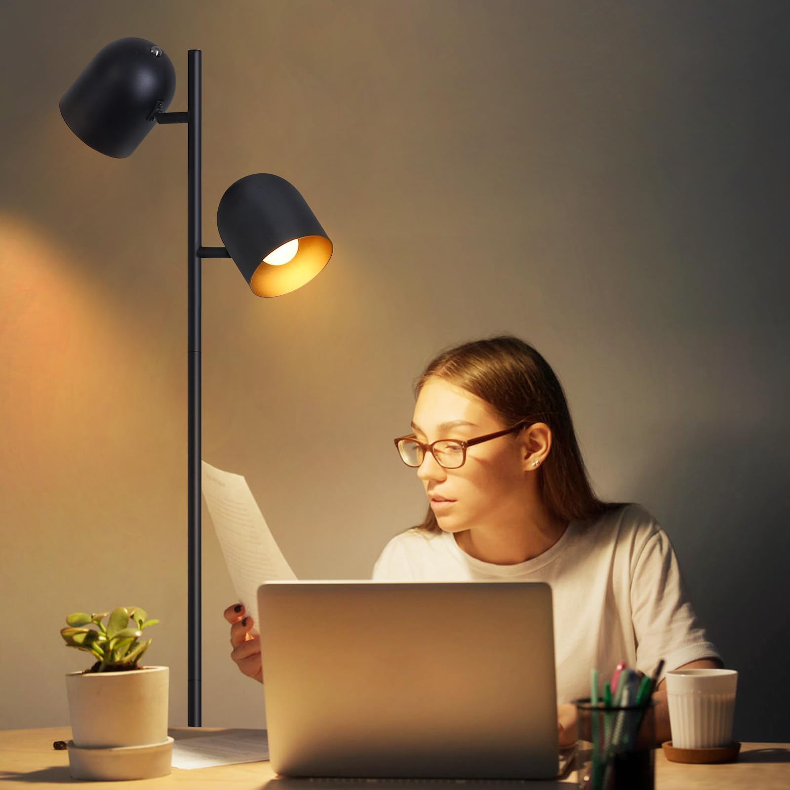 Stehlampe Vintage Wohnzimmer Stehleuchte retro: Industrial Standleuchte 2 Flammig in Schwarz Gold Standlampe aus Metall E14 Schwenkbar 350° Leselampe für Schlafzimmer - Ohne Leuchtmittel