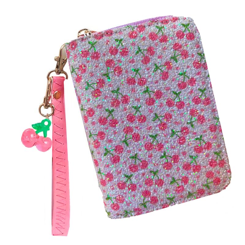 AACKS Flower Wallets with Strap Little Girls Flower Coin Pouch Small Cute Wallet for Teen Girls with Coin Pocket Cherry Fruit Wallet