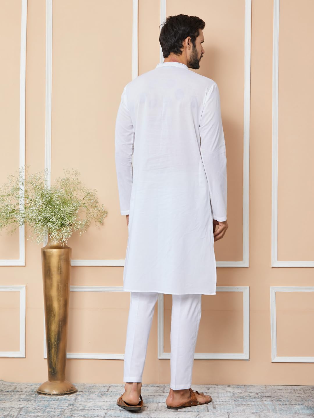 See Designs Men's Long Sleeve Mandarin Collar Side Slit White Thread Worked Pure Cotton Straight Kurta - Sdkt2526Xl