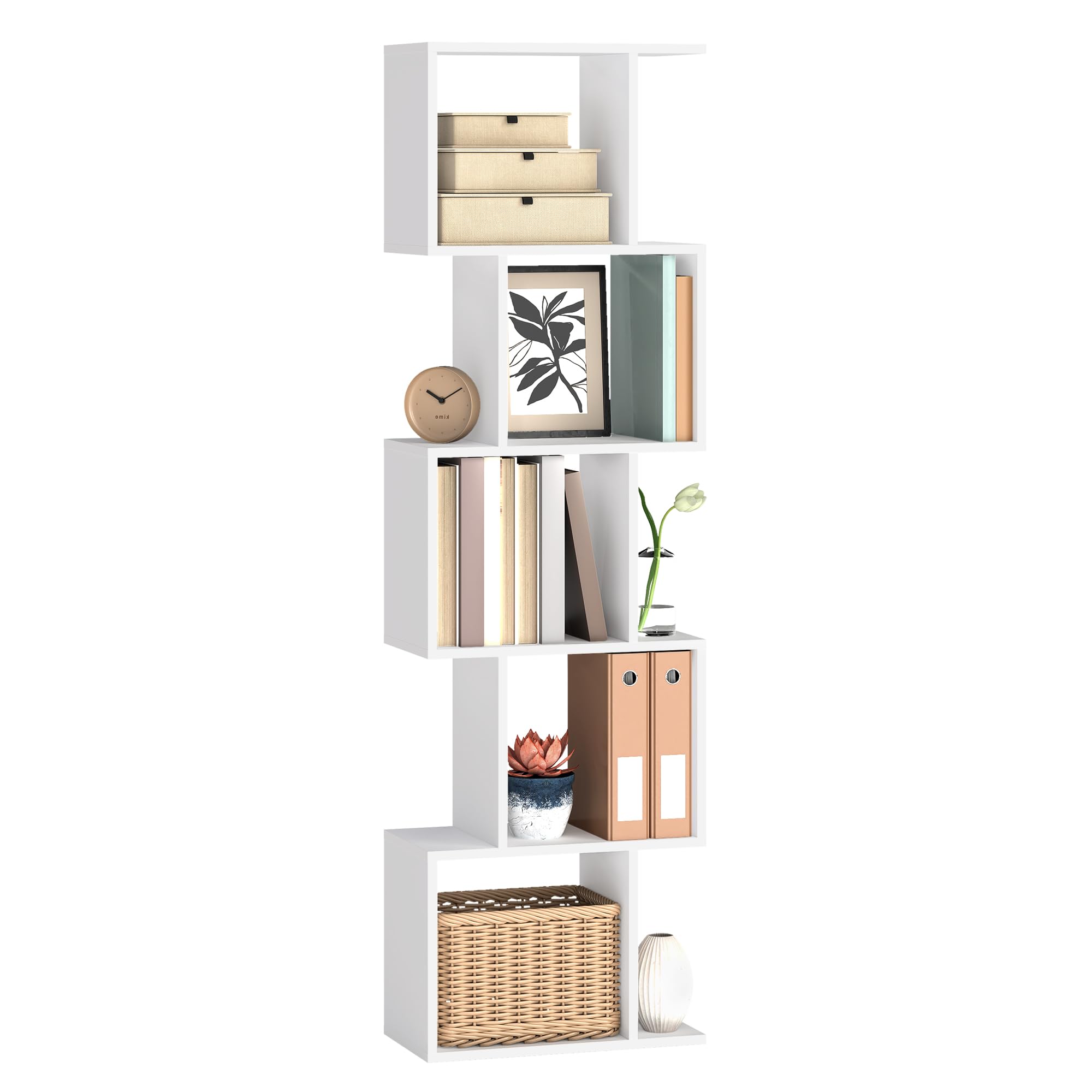 VASAGLE Bookshelf, 6-Tier Bookcase, 24 x 40 x 159 cm, Room Divider, Cube Display Shelf, Freestanding Storage Shelf, for Living room, Bedroom, Office, Matte White LBC462W01