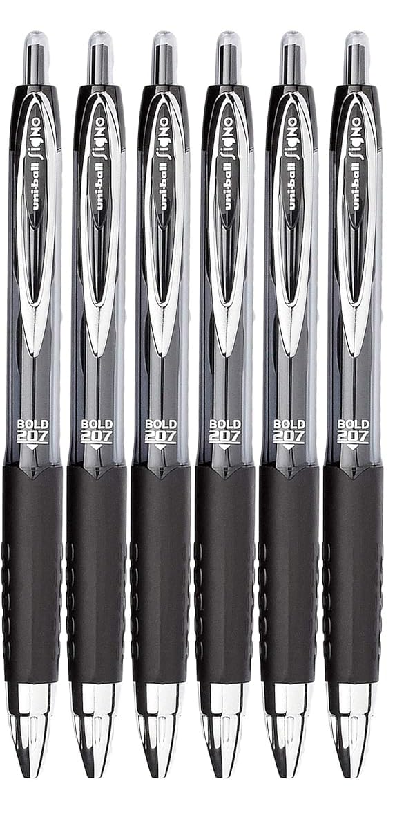 Advantage Gifts Signo 207 Roller Ball Retractable Gel Pens, Bold Point (1.0mm), Black Ink, 6 Count, Bundle with Plastic Reusable Pouch