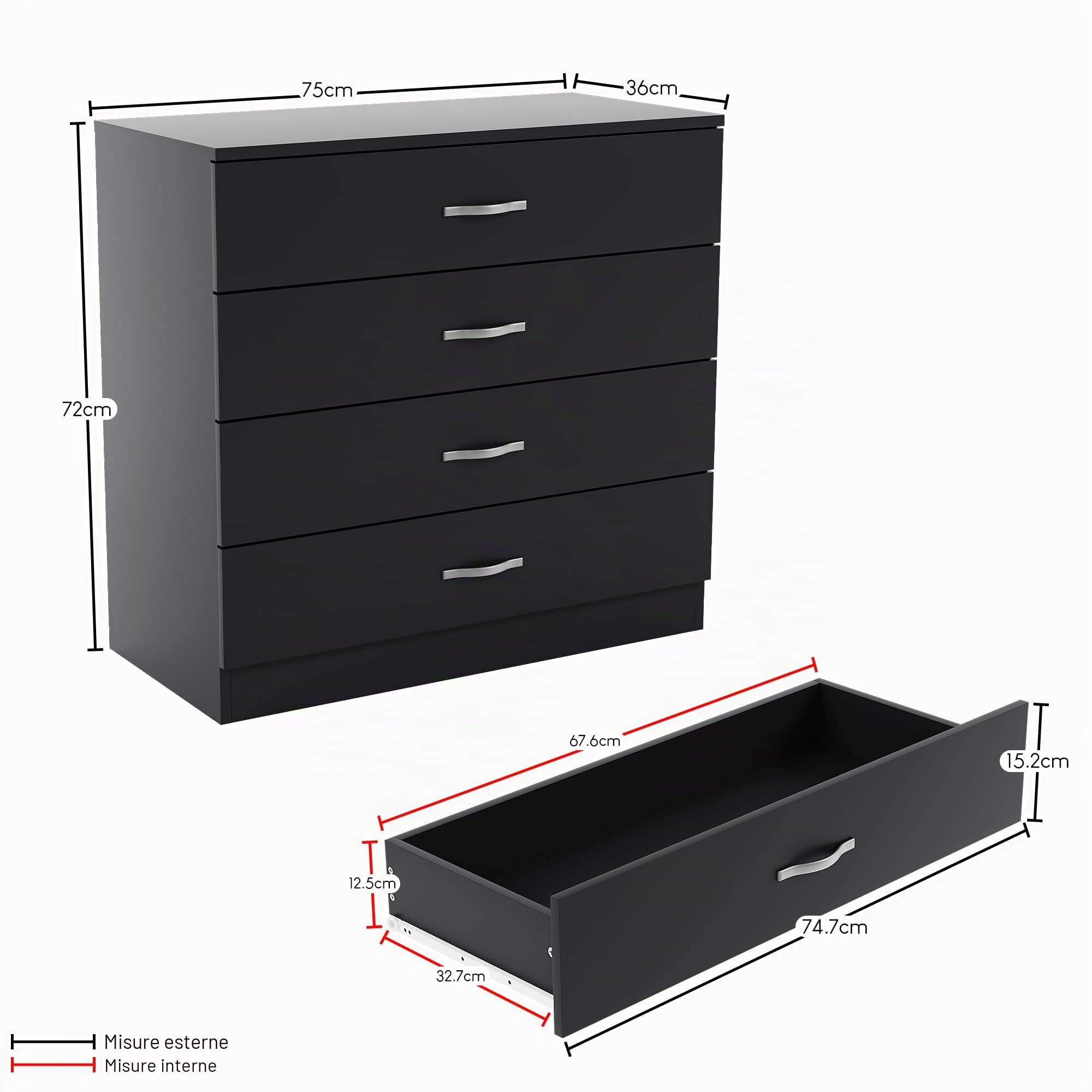 Home Discount Nero cassettiera, 4 cassetti con Maniglie in Metallo e corridori, Sistema Unico con Guide, Riano mobili per Camera da Letto