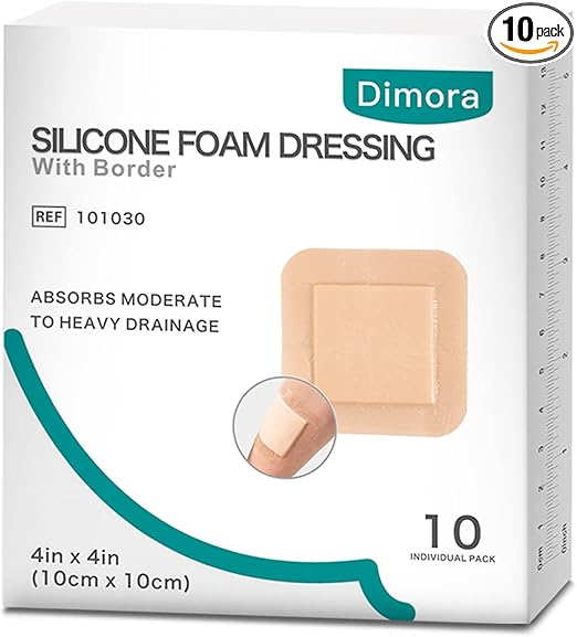 Dimora Silicone Foam Dressing with Border Adhesive 4"x4" Wound Dressing First Aid Bandage for Wound Care 10 Pack
