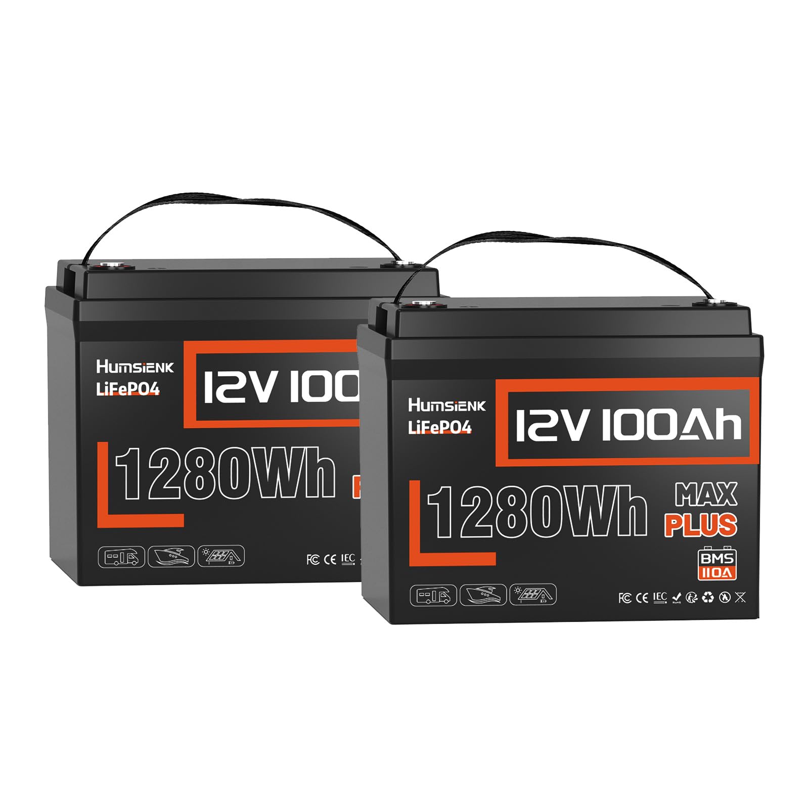 12V 100Ah LiFePO4 Lithium Battery MAX PLUS(2 Pack) - 1280Wh Each, Built-in 110A BMS, 15000+ Deep Cycles, A+ EV Grade Cells, Ideal for RV, Solar, Marine, Off-Grid