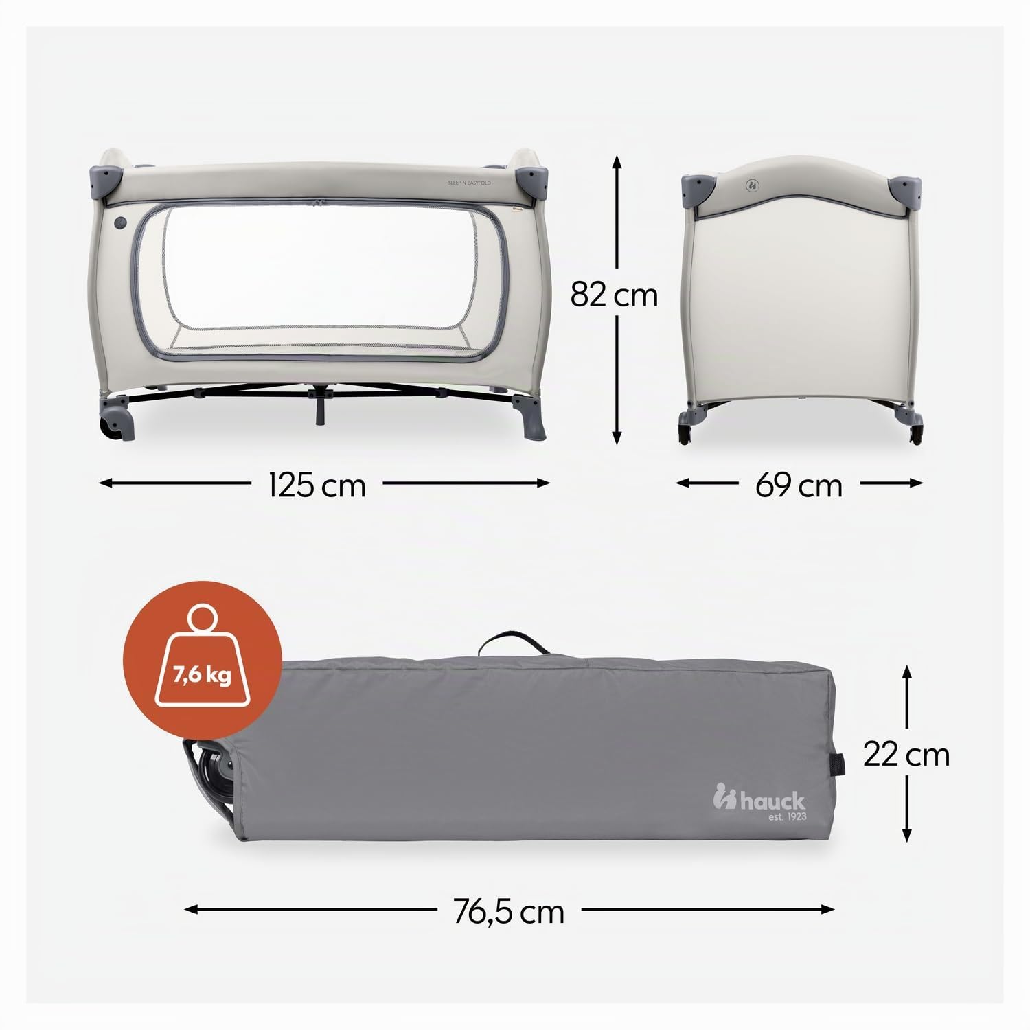 hauck Sleep N Easyfold, Dark Grey - Lettino da Viaggio Facilissimo da Richiudere dalla Nascita fino a 15 kg con Ruote, Borsa di Trasport e Grande Ingresso Zip per Giocare, 125 x 69 x 82 cm, 7,6 kg