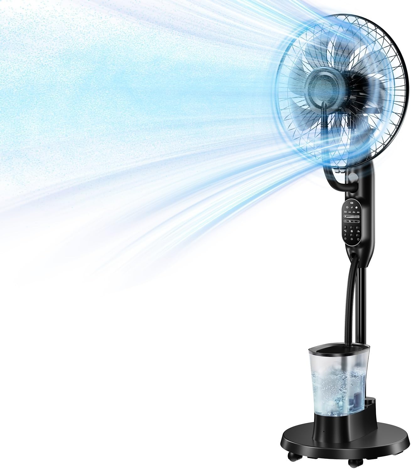 NebulaFlow Standventilator mit Wassersprüher, 3-in-1-Kühlung & Befeuchtung, Oszillierender Bodenventilator, 9 Geschwindigkeiten, 3 Modi, Fernbedienung, Leiser Schlafzimmerventilator, 1 Stück