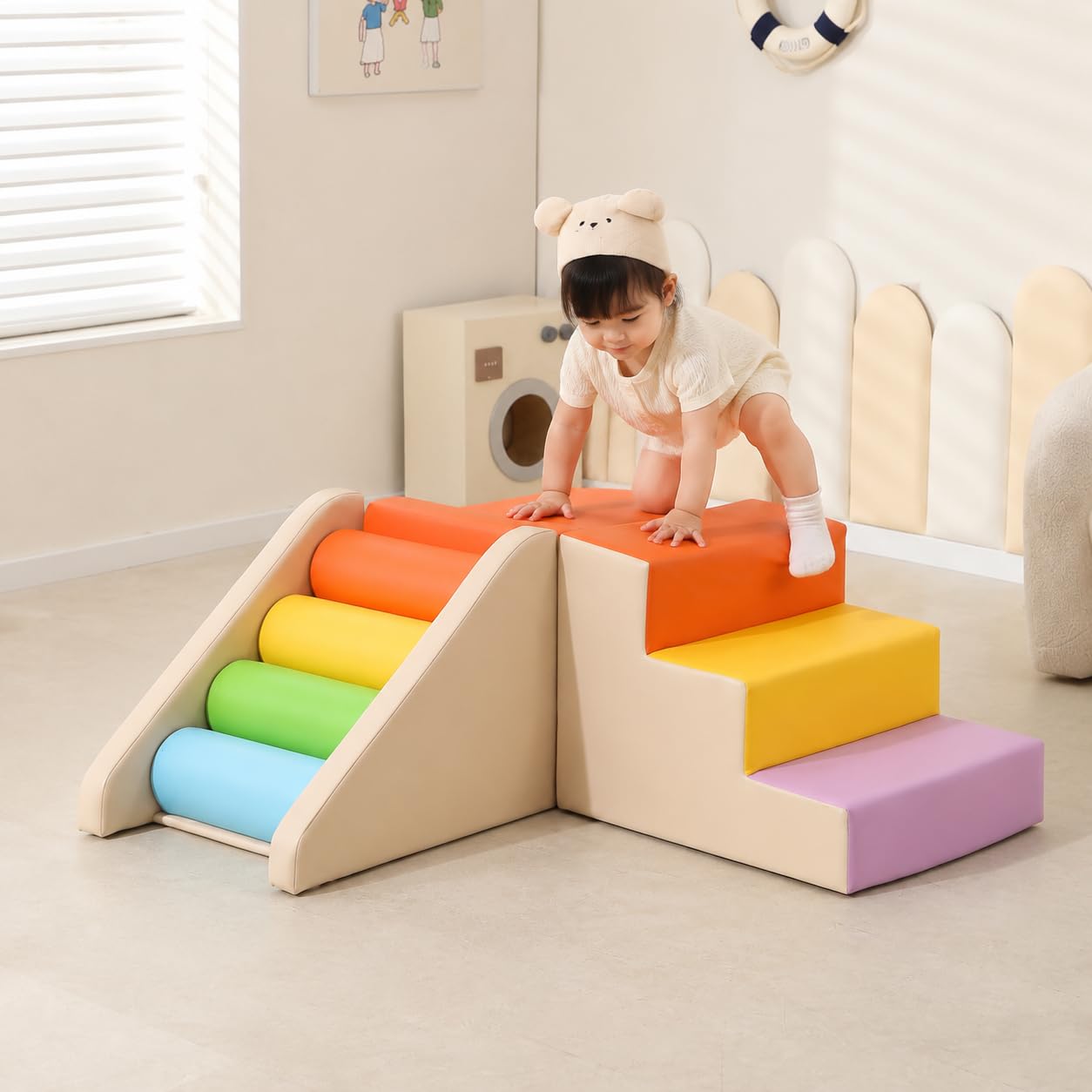 Schaumstoff Kletterset für Kleinkinder, Spielset mit Rutsche, modulares Motorikspielzeug, schadstofffrei & hygienisch, Mehrfarbig, Dreiteiliges Set, sensorische