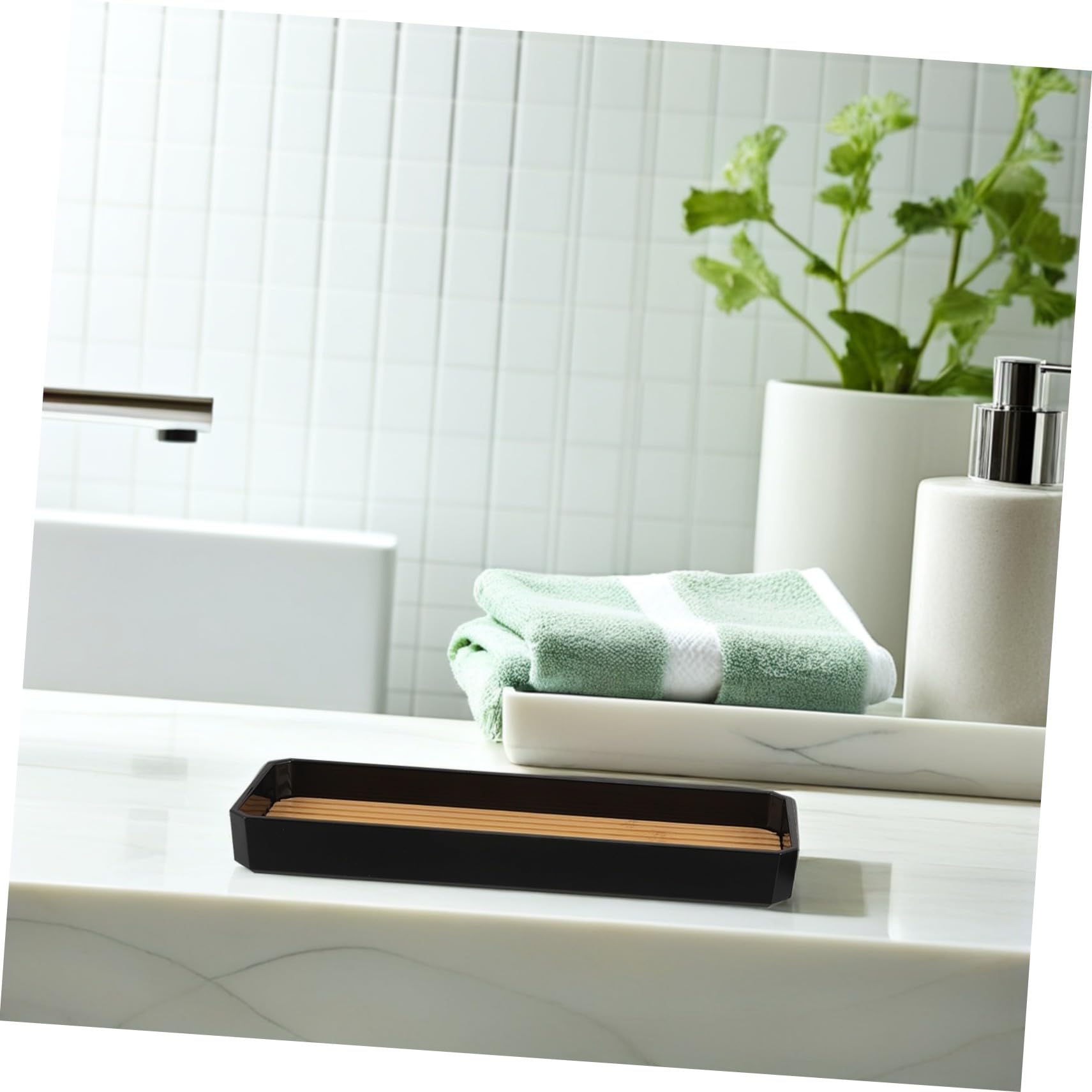 Set de Accesorios de Baño de Bambú Negro Dispensador de Jabón y Soporte para Cepillo de Dientes, Limpieza Fácil y Diseño Moderno para Hogar y Hotel