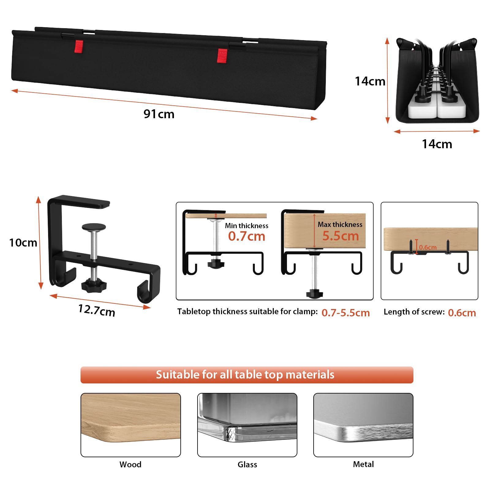 Univivi Unter dem Kabel Management Schreibtisch, 90cm Ohne Bohren Kabelkanal Schreibtisch Fexibel Oganizer, Klemmen/Schraubmontage, Stabiles Wasserfestes Kabeltray für Büro und Zuhause