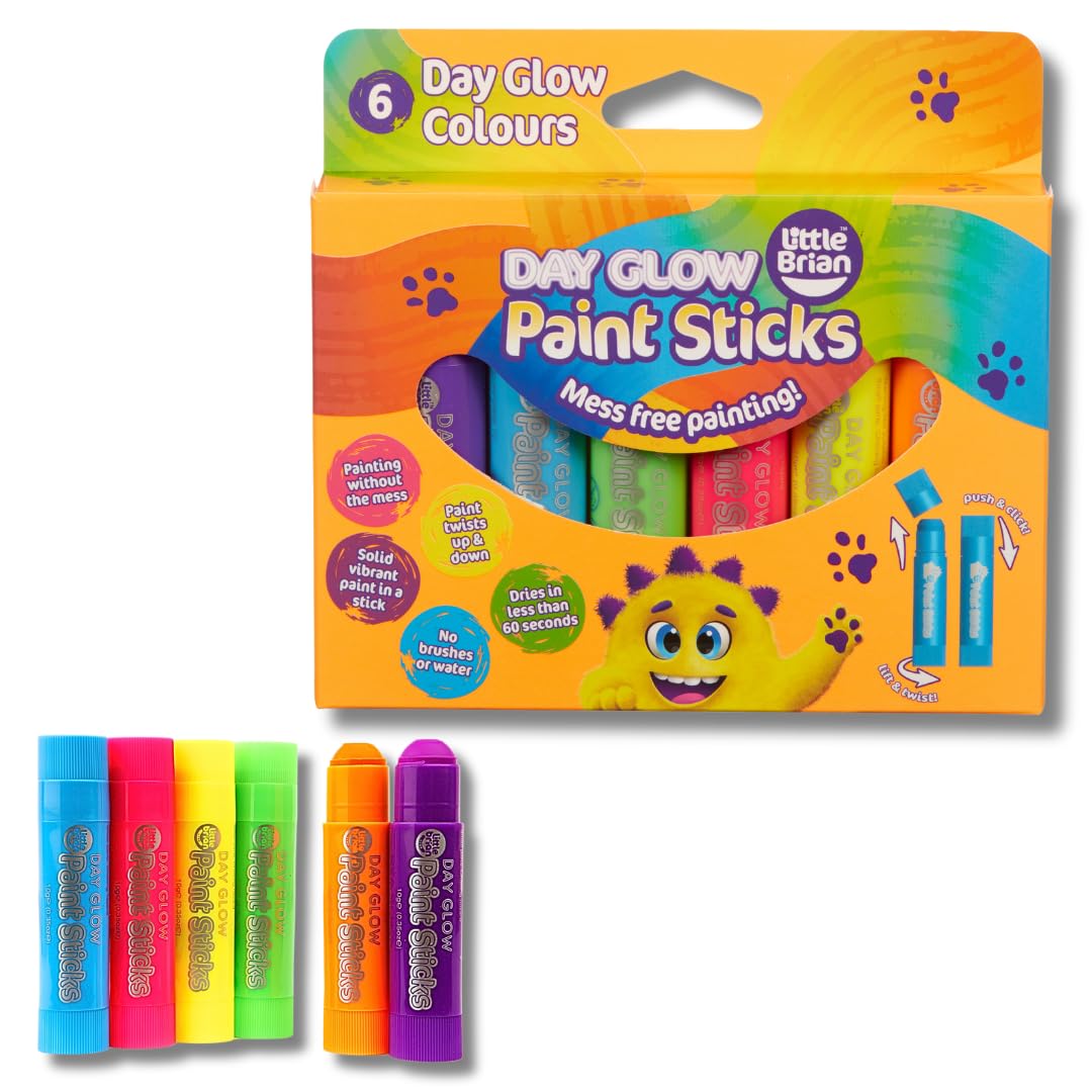 Little Brian Paint Sticks For Kids - 6 Pack Assorted Neon Colours - Mess-Free, Easy Clean Up, Fast Drying Action, Vibrant Colours, Multi-Surface, Twist & Paint