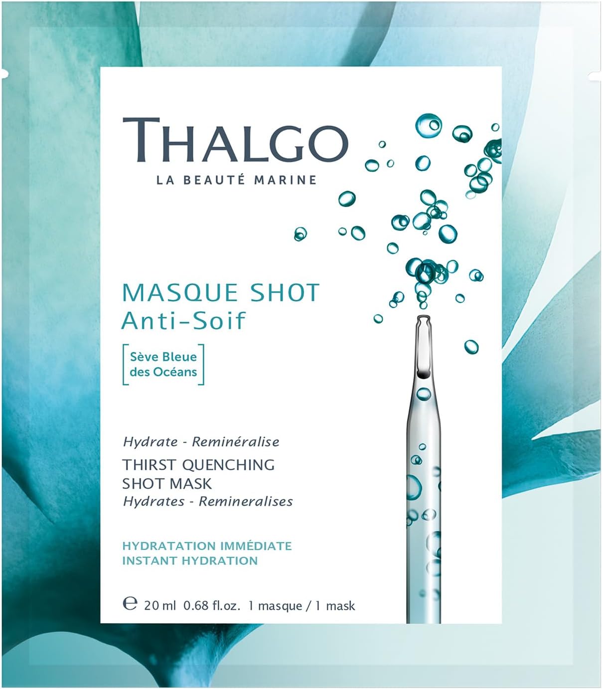 THALGO THALGO Marine Skincare, Thirst Quenching Shot Mask, Blue Ocean Sap and Hyaluronic Acid Face Mask, 1-Mask, 20ml, 0.68 fl. oz.