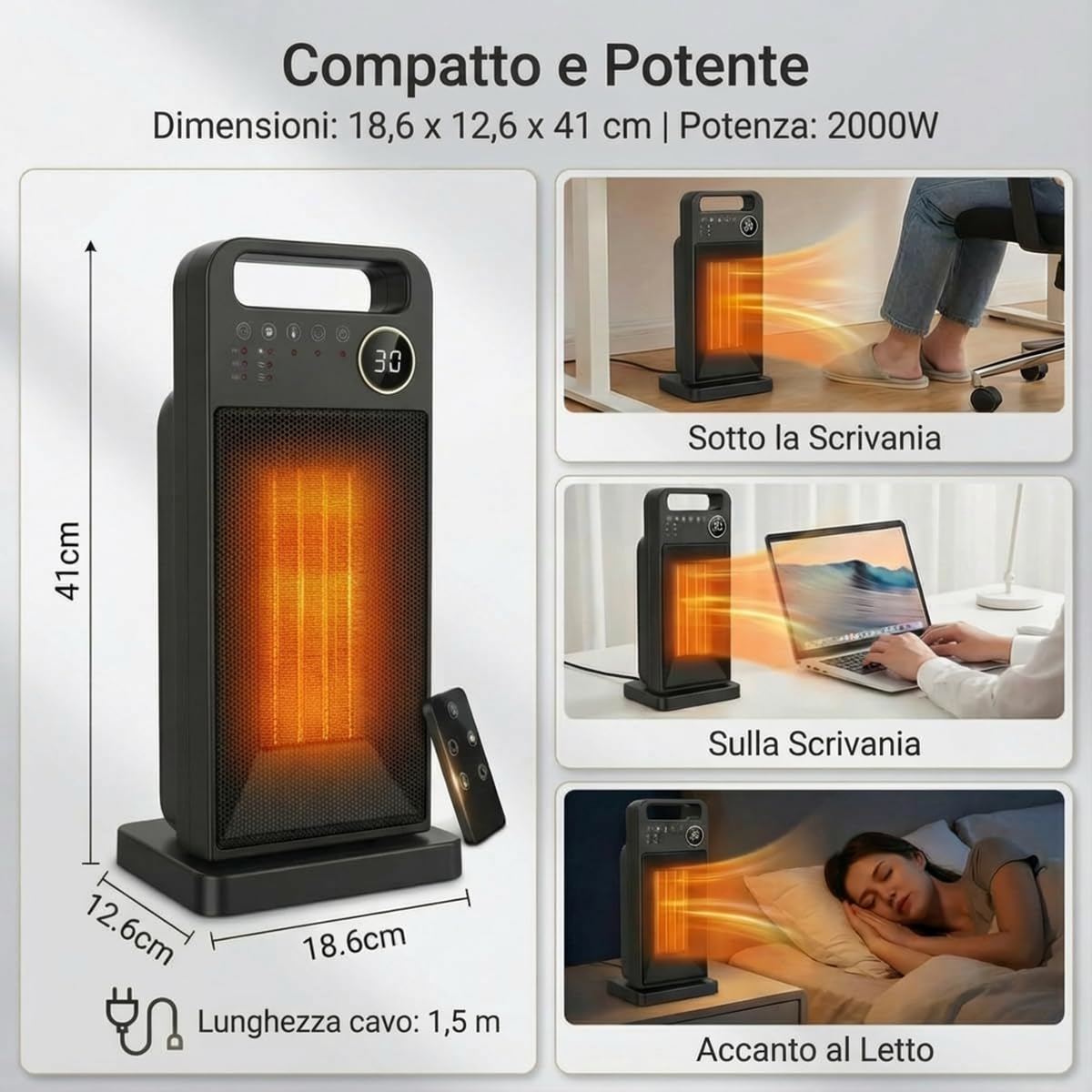Stufetta Elettrica Basso Consumo con Riscaldamento Rapido, Protezione Multipla e Funzione Oscillazione - 2000W