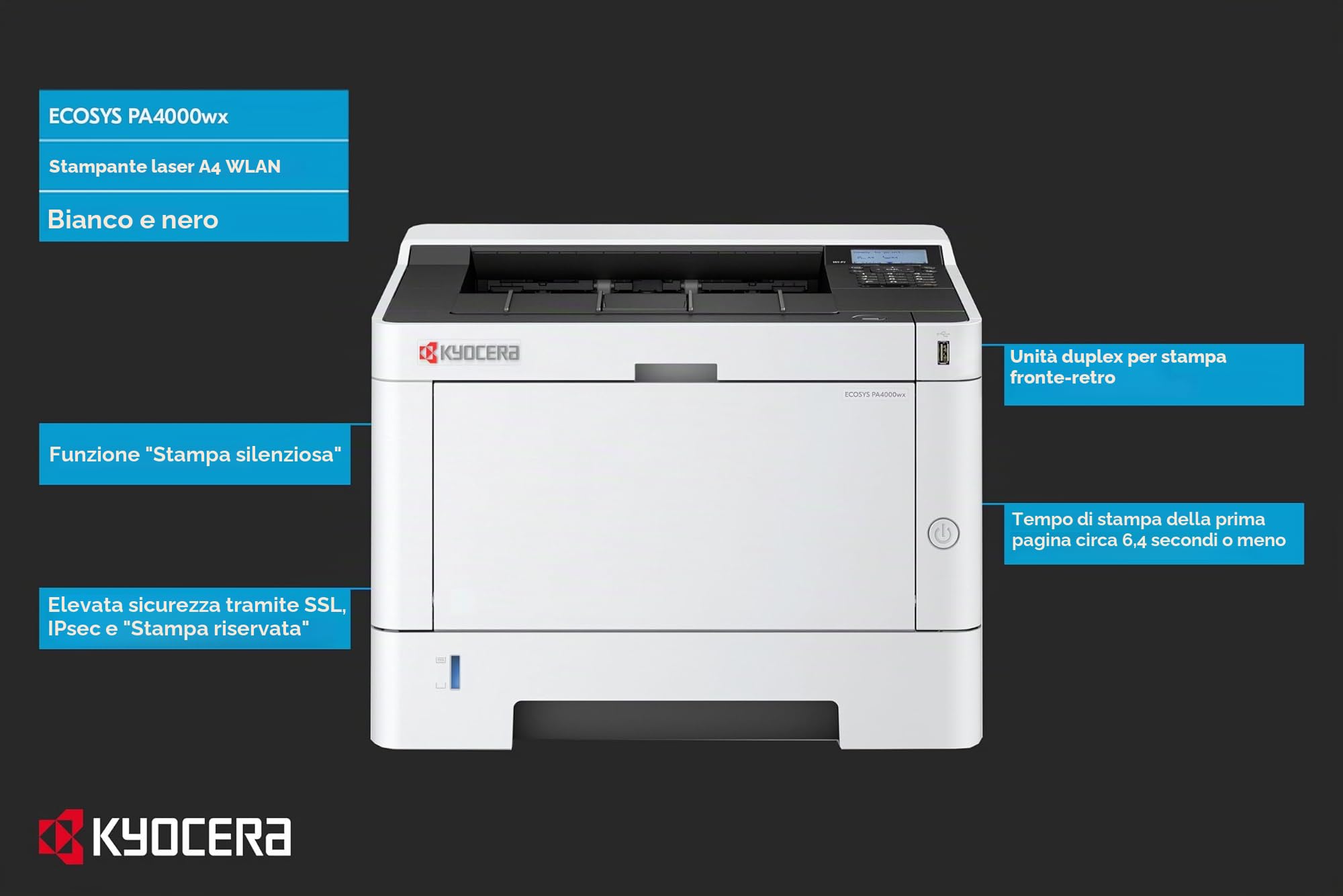 Kyocera Ecosys Pa4000wx - Drucker - S/w - Duplex - Laser - A4/legal - 1200 X 1200 Dpi - Kapazit?t: 350 Bl?tter - Usb 2,0, Gigabit Lan, UsB-Host, WI-F